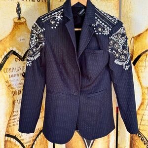 Bebe Pinstripe  Suit Jacket embellished with rhinestones and chains. Size small